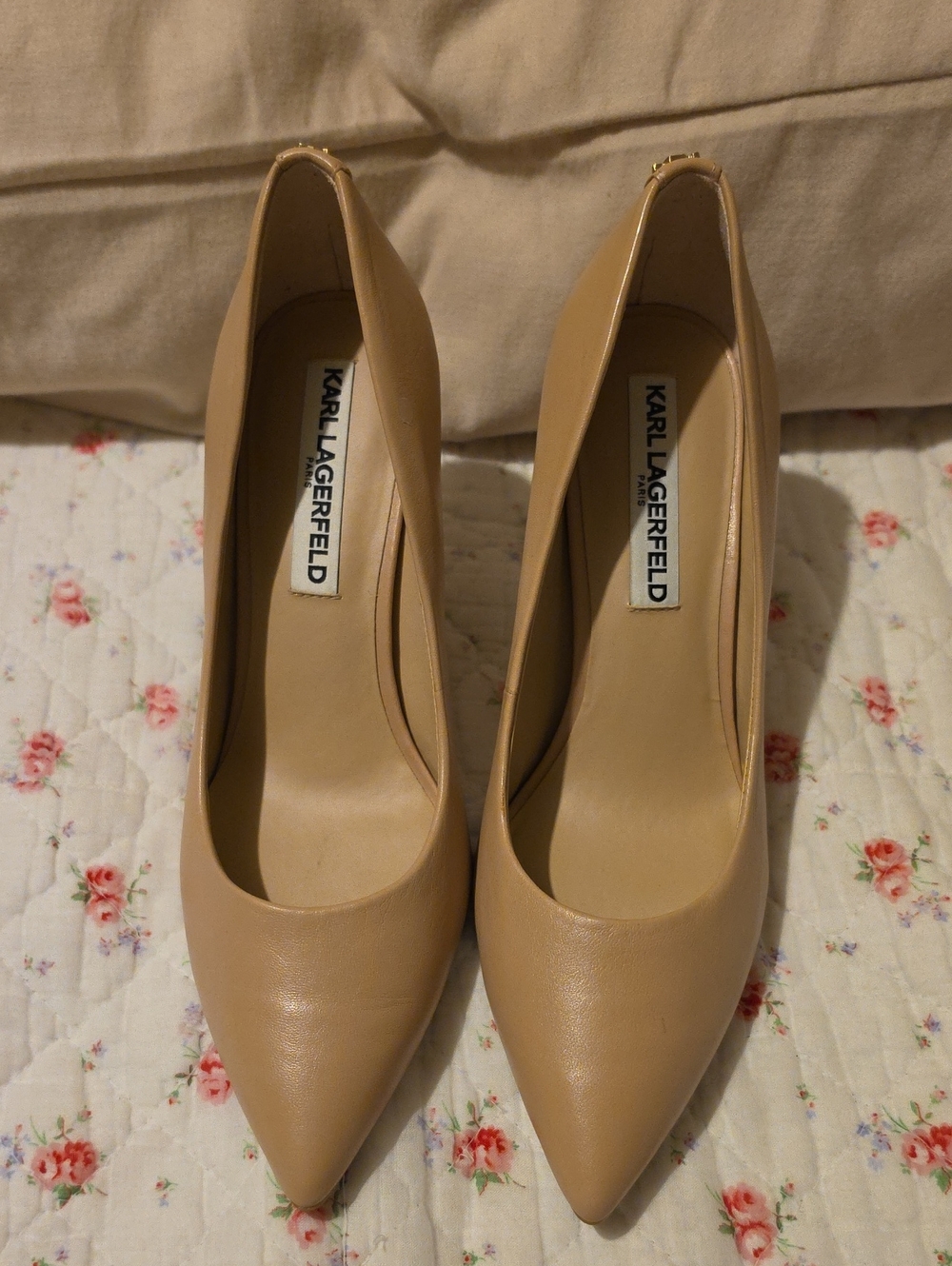 Karl Lagerfeld Beige Pointed-Toe Leatherette Pumps